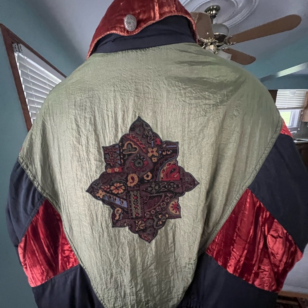 Vintage Black and Red Ski Jacket with Geometric Design